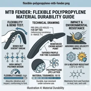 Illustration highlighting the flexible and durable polypropylene material used in a high-quality mtb fender.