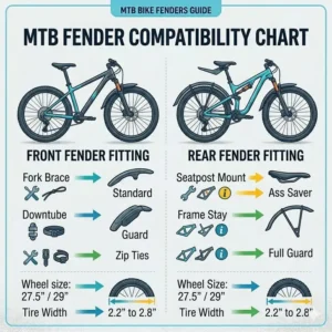 Compatibility chart for fitting mtb bike fenders to various mountain bike tire sizes and frame styles.