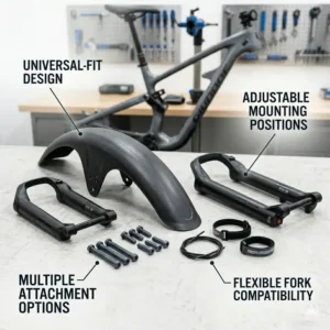 Universal compatibility of a mountain bike front fender with various fork brands.