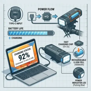 Illustration 4: Graphic showing a front bike light connected to a laptop via USB cable for charging.