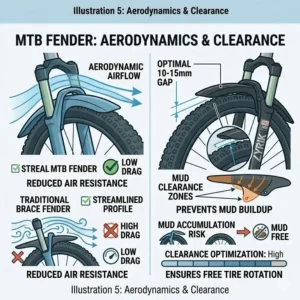 Diagram showing the optimal tire clearance and aerodynamic airflow around a modern mtb fender.