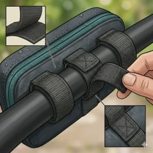 Detailed illustration showing the heavy-duty hook-and-loop straps used to secure a bike tool bag to the frame.