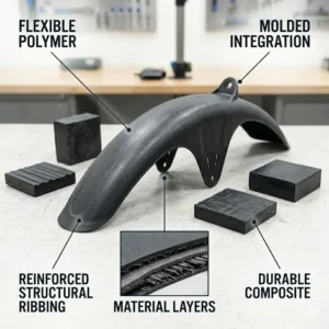 Technical view of the durable polymer material used in a mountain bike front fender.