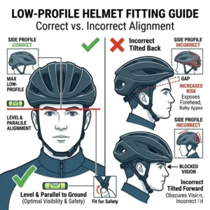 Infographic showing the correct way to wear and fit the lowest profile bicycle helmet on the head.