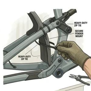 Step-by-step process of installing mountain bike mudguards using heavy-duty zip ties.