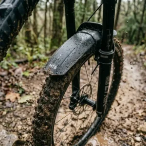 A mountain bike mtb mudguard covered in thick mud after a heavy rainy ride.