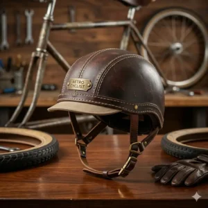 A vintage-inspired cool mens bike helmet with leather straps and a classic silhouette.