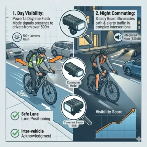 Illustration 5: An illustration of a cyclist in traffic using a front bike light to stay visible to cars.