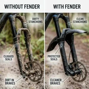 Comparison of a clean fork with a mountain bike front fender versus a dirty one.