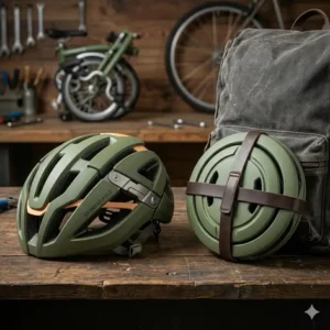 A unique and cool mens bike helmet that folds for easy storage in a backpack.