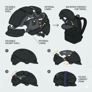 A creative illustration of space-saving foldable cool mens bicycle helmets for men who travel.