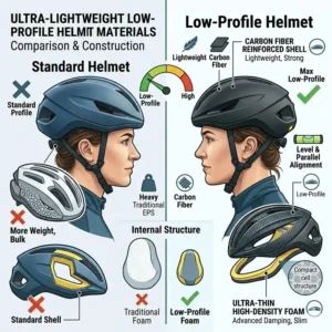 Close-up of the lightweight carbon fiber materials used to build the lowest profile bicycle helmet.