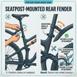 Detailed view of a seatpost-mounted mtb bike fenders for full-suspension mountain bikes.