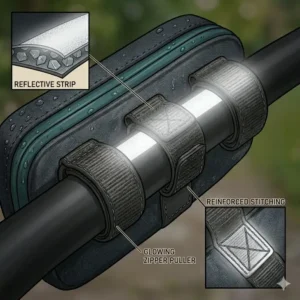 Illustration of a bike tool bag featuring reflective strips for enhanced visibility during night cycling.