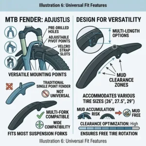 Graphic showcasing the universal fit features and adjustable mounting points of an mtb fender.