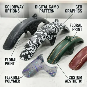 Various colors and graphic patterns available for a mountain bike front fender.