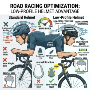 A road racer in a sprint position utilizing the sleek shape of the lowest profile bicycle helmet.