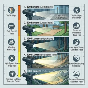 Illustration 7: A comparative chart illustrating the brightness levels of different front bike light lumen settings.