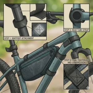 Step-by-step illustration demonstrating how to install a rugged bike tool bag on a mountain bike.