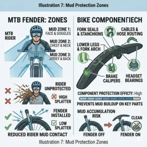 Infographic showing the specific mud protection zones for the rider and bike components provided by an mtb fender.