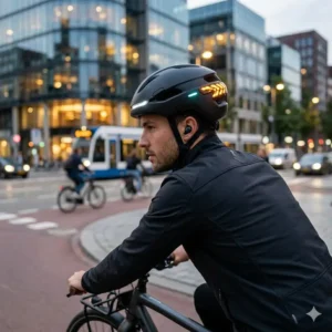 A cool mens bike helmet featuring integrated LED lights and smart turn signals.
