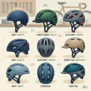 A lineup of cool mens bicycle helmets in various trendy colors like navy, forest green, and slate gray.