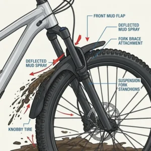 Detailed view of front fork mounted mountain bike mud flaps preventing tire spray.