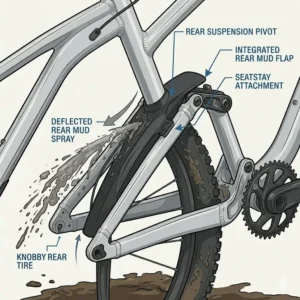 Illustration showing the rear coverage provided by mountain bike mud flaps on a full-suspension bike.