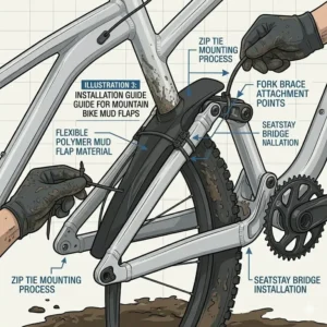 Step-by-step installation guide for securing mountain bike mud flaps with zip ties.