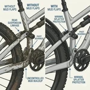 Side-by-side comparison of a bike with and without mountain bike mud flaps installed.