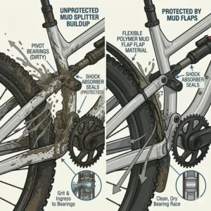 Infographic displaying different styles and materials of mountain bike mud flaps.