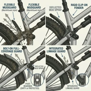 Technical diagram of how mountain bike mud flaps protect pivot bearings and seals from grit.