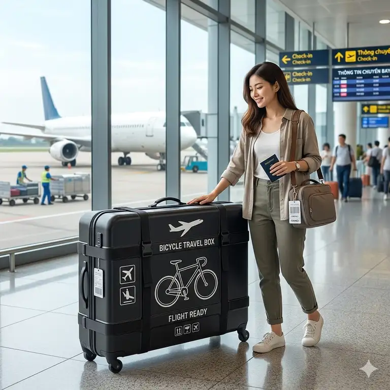 A traveler standing with a premium hard-shell bicycle box for flying at an airport terminal.