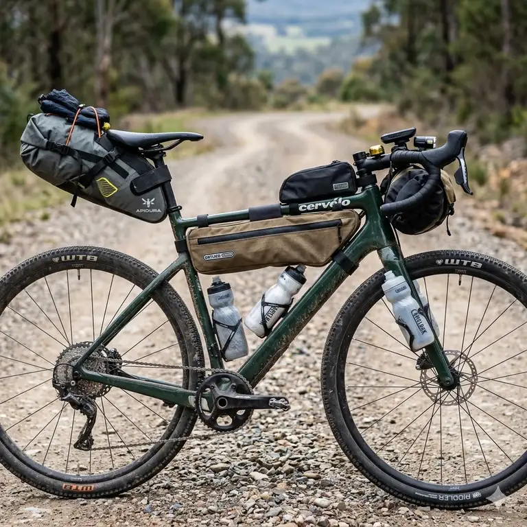 Featured Image: A professional bikepacking setup featuring essential gravel gear on a bike trail.
