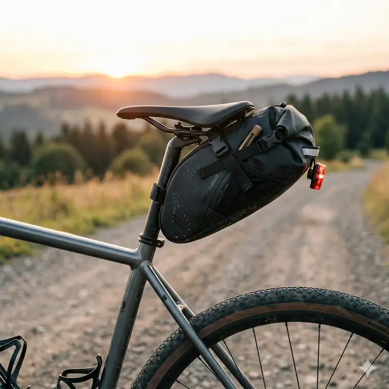 Professional seatpost bags for bicycles mounted on a gravel bike during a scenic sunset ride.