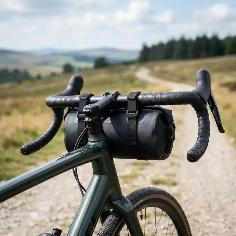 A sleek, waterproof black bar bag mounted on the handlebars of a gravel bike during a scenic outdoor ride.