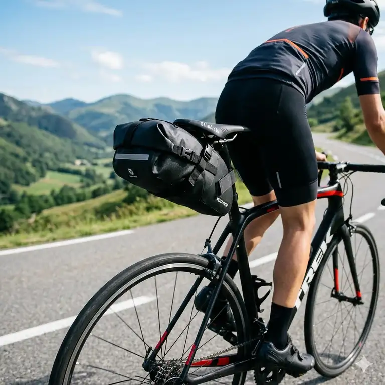 A sleek, waterproof bicycle seat bag mounted under a road bike saddle during a scenic outdoor ride.