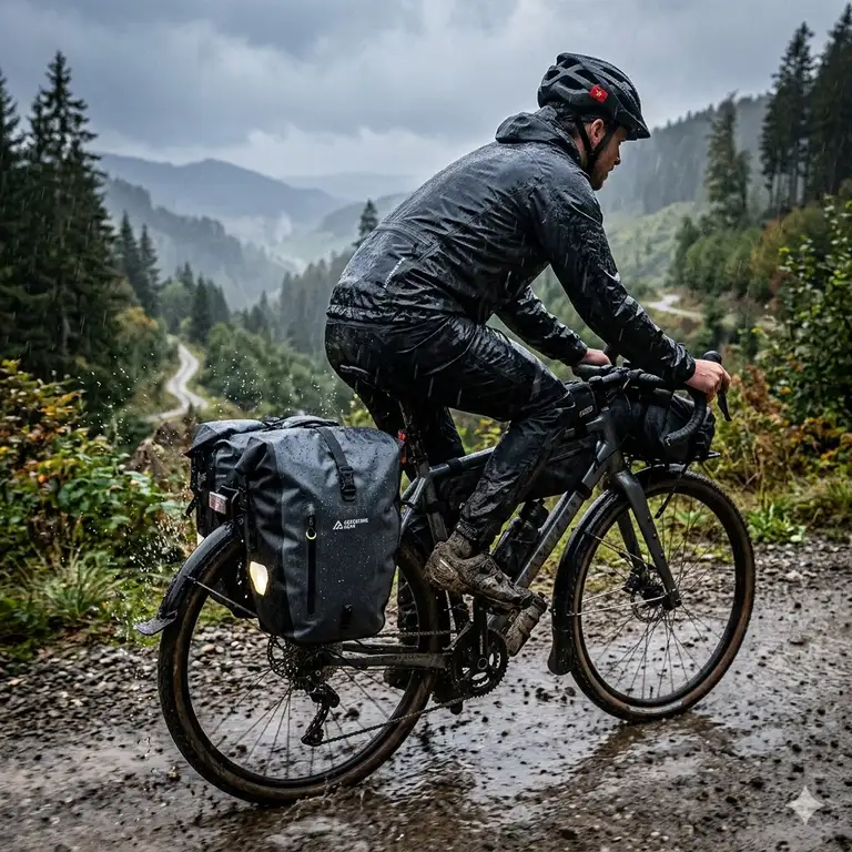 A cyclist riding on a rainy mountain trail with a large waterproof bike bag attached to the rear rack.