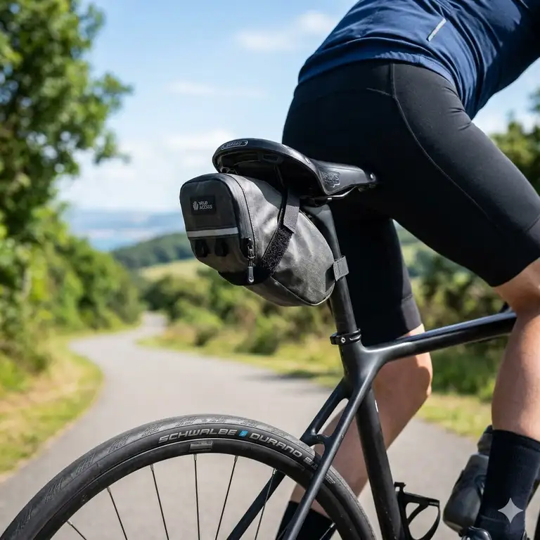 Featured Image: A high-quality waterproof bike seat pouch mounted under a bicycle saddle on a scenic road.