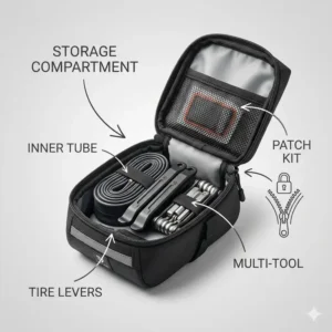 Illustration showing the internal storage capacity of a bicycle seat bag holding a spare tube, levers, and multi-tool.