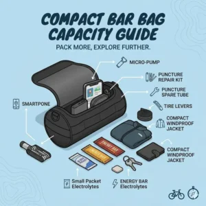 An illustrative diagram showing common items like a phone, tools, and snacks fitting inside a compact bar bag.