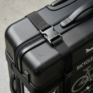 Close up view of a secure and impact resistant bicycle box for flying for air travel.