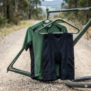 Illustration 1: Detailed illustration of technical gravel gear including a jersey and cargo bib shorts.