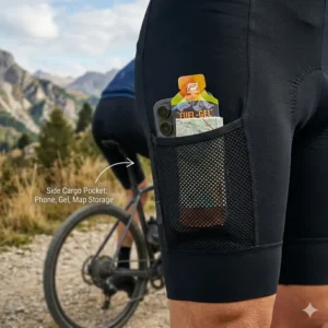 Close-up of the functional side mesh pocket on cargo bib shorts holding a phone.