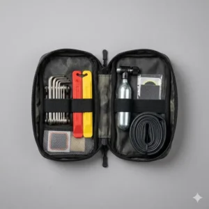 Open bike seat pouch showing organized internal storage for multi-tools and cycling essentials.