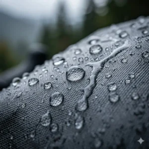 Close-up of TPU coated nylon material on a waterproof bike bag showing water beads rolling off the surface.