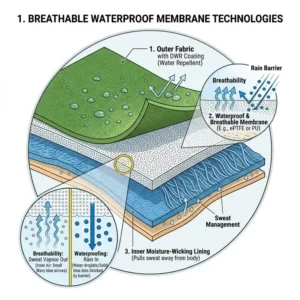 Diagram showing the breathable and waterproof cycling jacket membrane layers for moisture control.