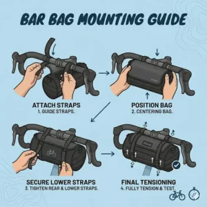 A step-by-step illustration showing the strap attachment process for securing a bar bag to bicycle handlebars.