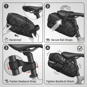 A step-by-step diagram showing how to securely attach a bicycle seat bag using Velcro straps and buckles.