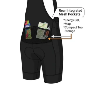 Detailed view of the integrated rear storage pockets on cargo bib shorts.